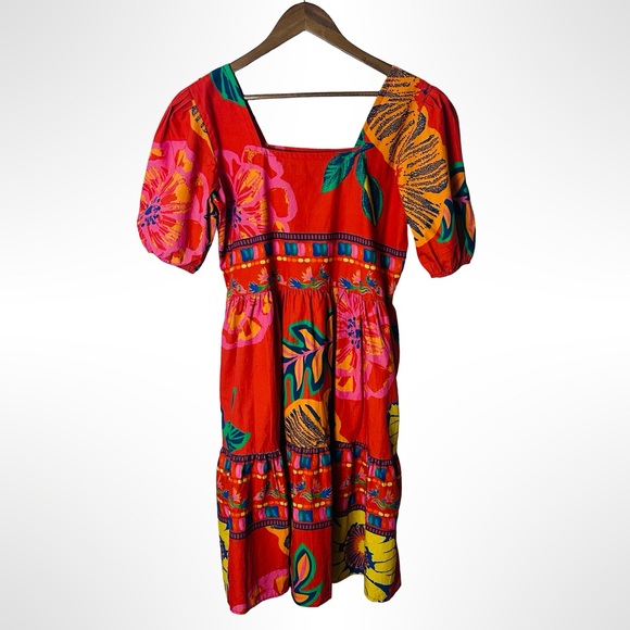 Maude Vivante Aria Dress Medium Red Floral Puff Sleeves Colorful Vacation Resort - Picture 8 of 13